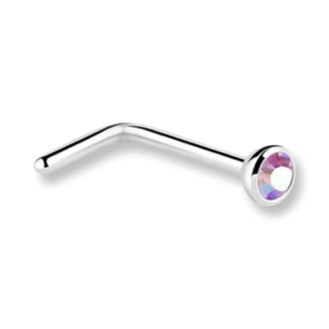 A silver-colored curved barbell nose stud with a round bezel-set iridescent pink gemstone on a plain white background.