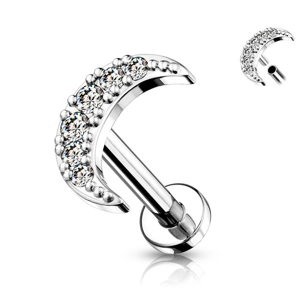 A silver-colored labret bar with a flat back and crystal embellishments, designed for various types of body piercings.