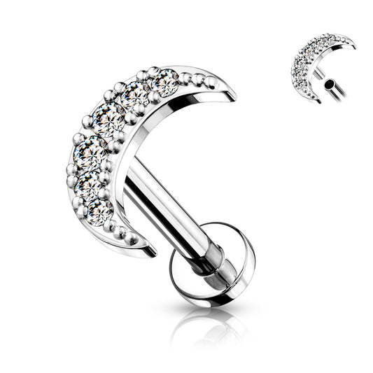 A silver-colored labret bar with a flat back and crystal embellishments, designed for various types of body piercings.