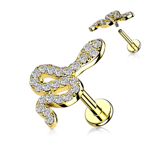 Gold snake-shaped earring with clear gemstones on a white background