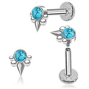 Pair of silver earrings with turquoise gemstones on a white background