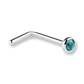 A silver-toned curved barbell nose stud with a faceted teal blue gemstone in a bezel setting, shown on a plain white background.