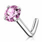 A silver-toned curved barbell nose ring featuring a large, round-cut pink gemstone in a prong setting, shown on a clean white background with a soft reflection.