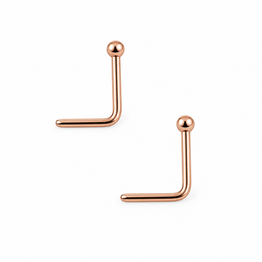 A pair of rose gold ball-shaped surgical steel piercing studs with a long post and two short posts on each side.